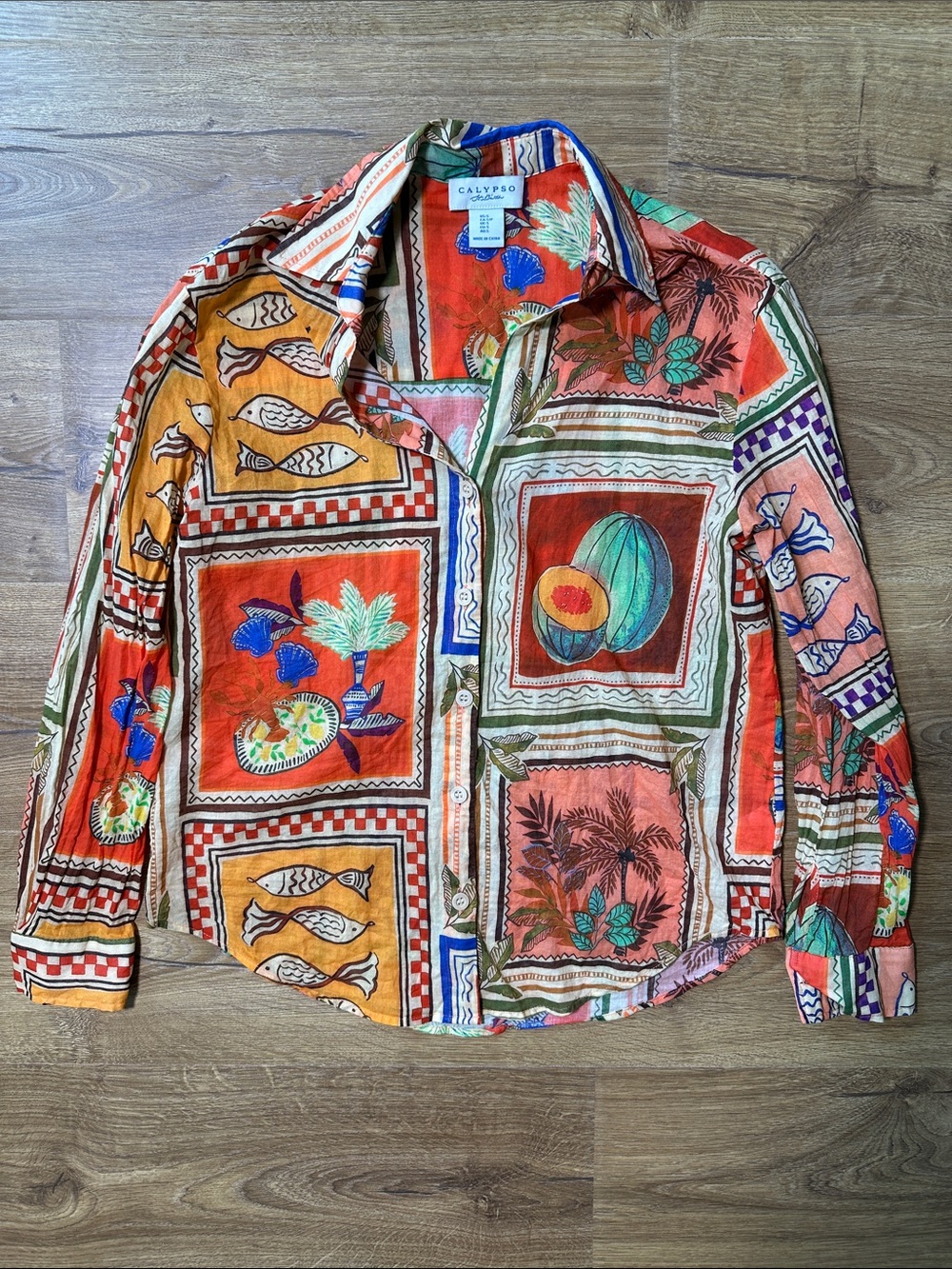 Calypso St. Barth 100% Cotton Orange Multi Tropical Button Up Shirt Size Small